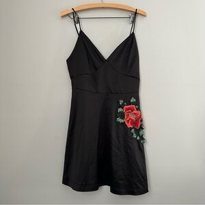 Deductions Black Satin Dress With Rose on Side Spaghetti straps